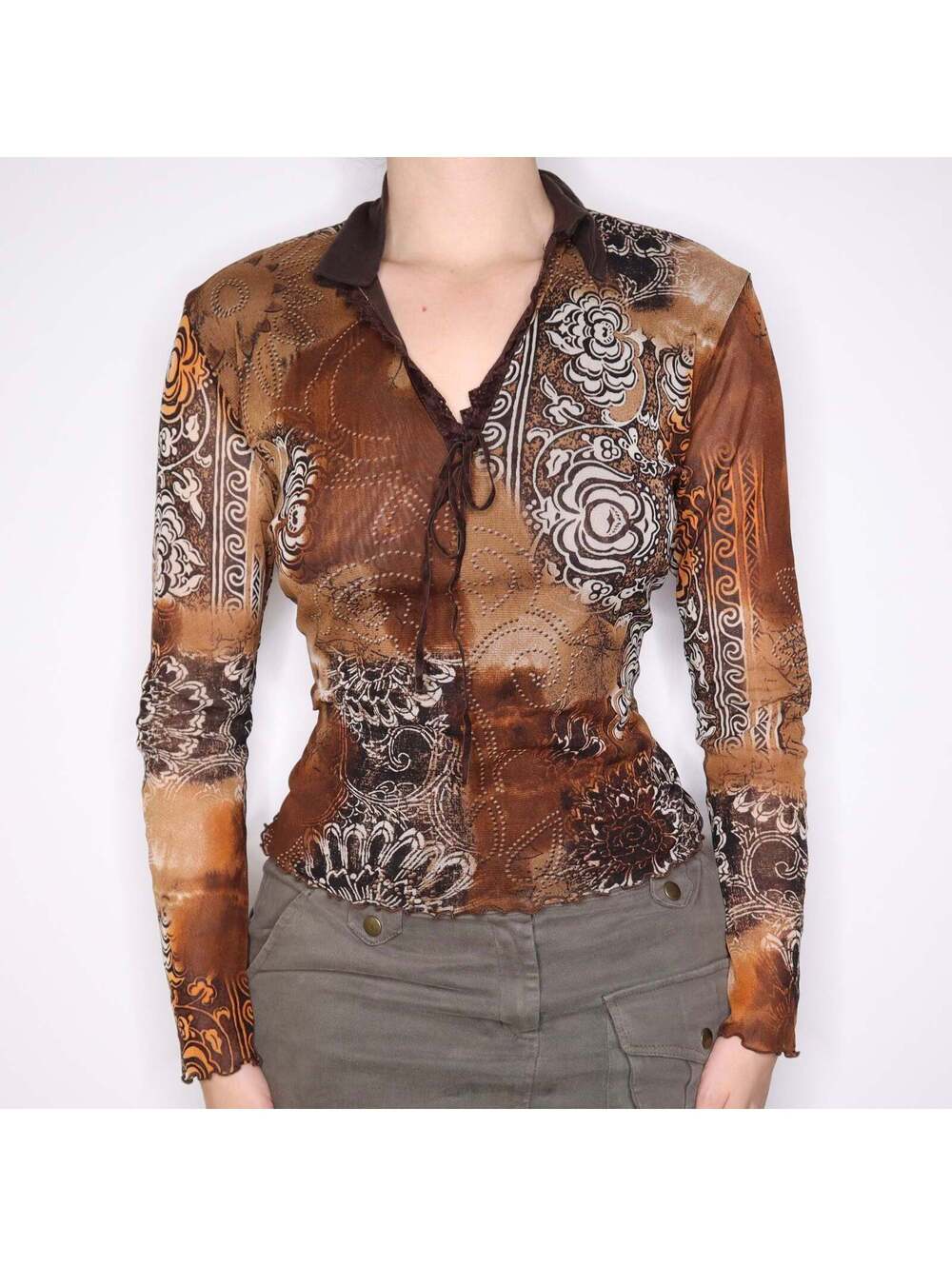 Y2K Italian Brown Boho Mesh Long Sleeve Top (L/XL)